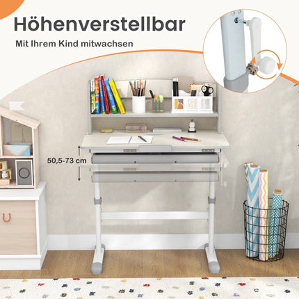 Verstellbarer Kinderschreibtisch mit neigbarer Arbeitsplatte, Schublade, Regalen – Grau