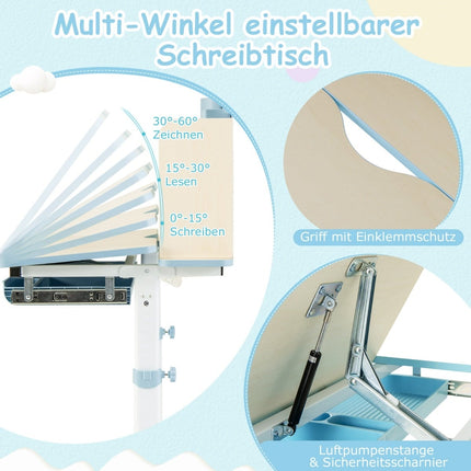 Verstellbarer Kinderschreibtisch mit neigbarer Tischplatte, Regalen, Schublade – Blau