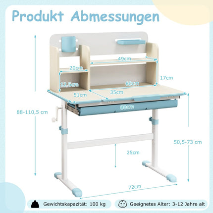 Verstellbarer Kinderschreibtisch mit neigbarer Tischplatte, Regalen, Schublade – Blau
