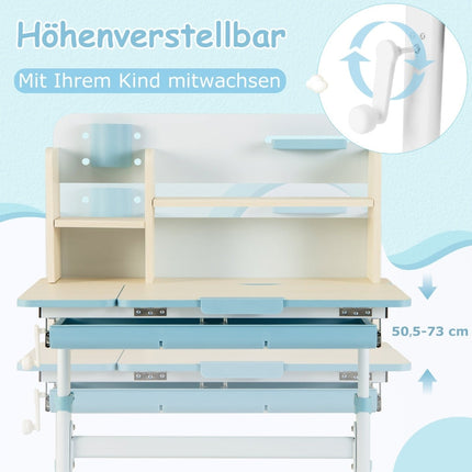 Verstellbarer Kinderschreibtisch mit neigbarer Tischplatte, Regalen, Schublade – Blau