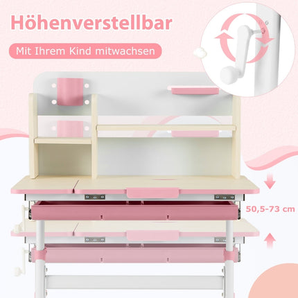 Verstellbarer Kinderschreibtisch mit neigbarer Tischplatte, Regalen und Schublade