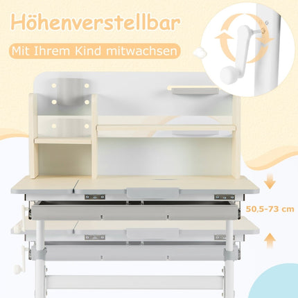 Höhenverstellbarer Kinderschreibtisch mit neigbarer Arbeitsplatte, Regalen & Schublade