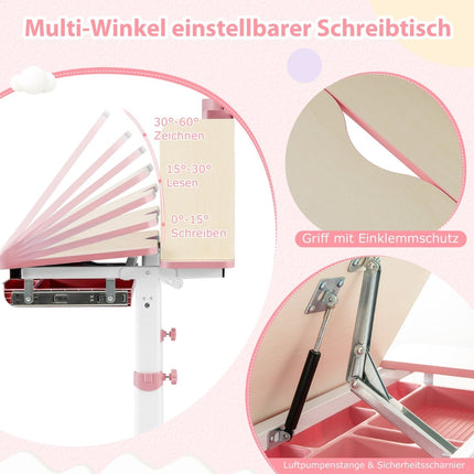 Verstellbarer Kinderschreibtisch mit neigbarer Tischplatte, Regalen und Schublade