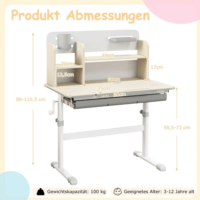 Höhenverstellbarer Kinderschreibtisch mit neigbarer Arbeitsplatte, Regalen & Schublade