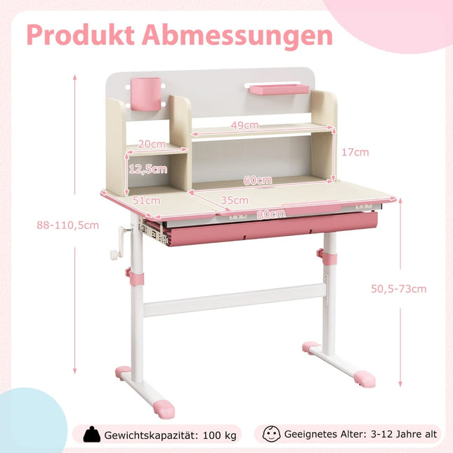 Verstellbarer Kinderschreibtisch mit neigbarer Tischplatte, Regalen und Schublade
