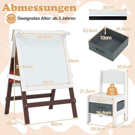 Verstellbare Kinderstaffelei und Stuhl-Set mit Kreidetafel und Whiteboard