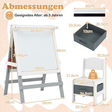 Verstellbare Kinderstaffelei mit Kreidetafel & Whiteboard, Grau