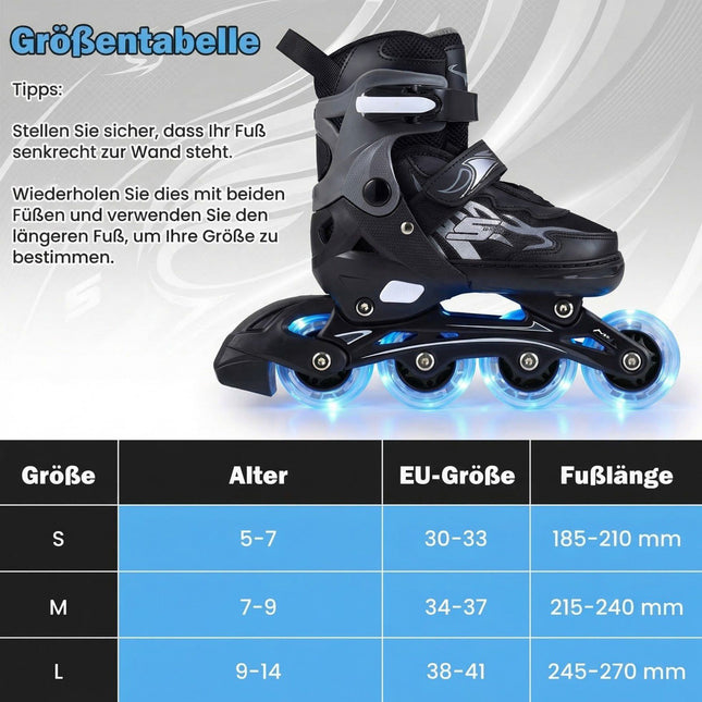 Verstellbare Kinder-Inlineskates mit Leuchtrollen, Größe 30-33