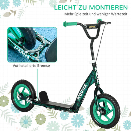 Verstellbarer Kinderroller mit Bremse, Ständer, Stahl, Grün
