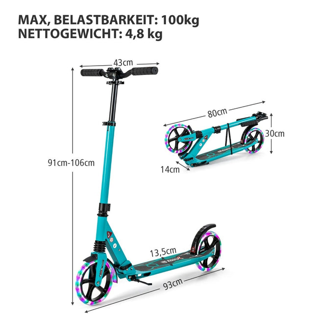 Verstellbarer Kinderroller mit LED-Rädern, faltbar, Türkis