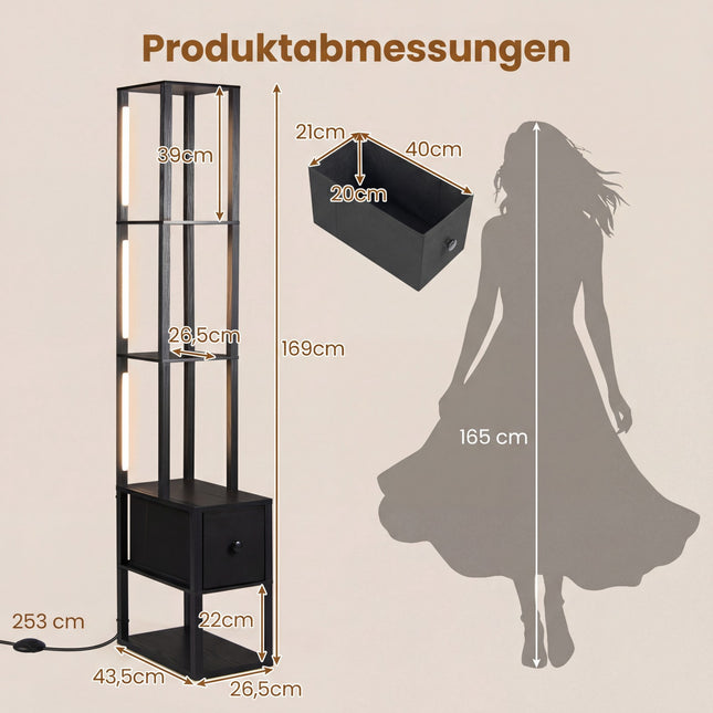 Verstellbare LED-Stehlampe mit Ablagen und Tisch, Schwarz
