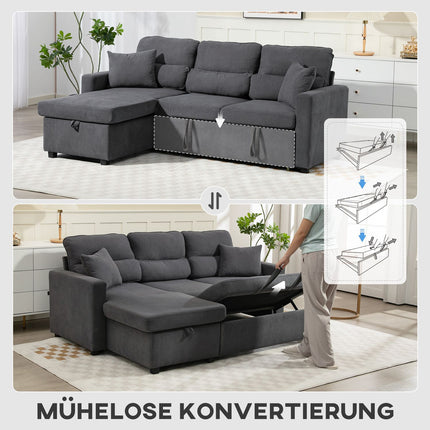 Adjustable L-Shaped Sofa Bed with Storage, Dark Gray