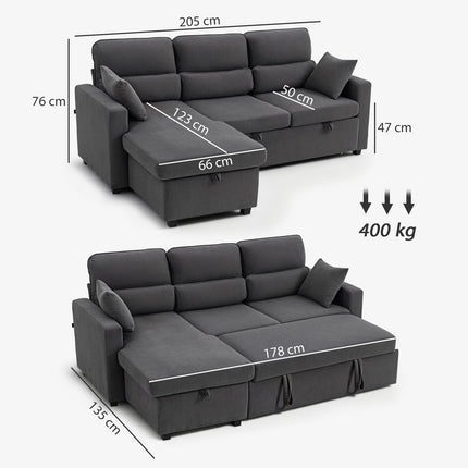 Adjustable L-Shaped Sofa Bed with Storage, Dark Gray