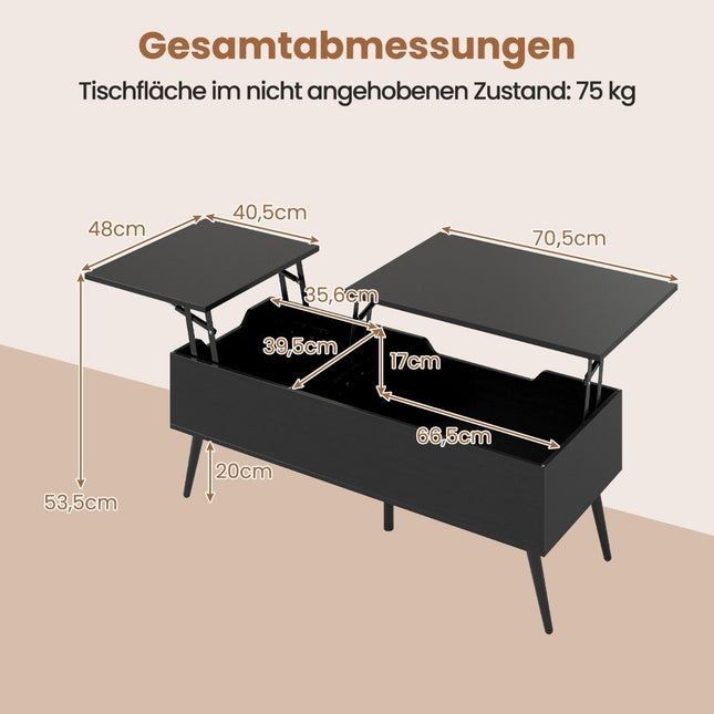 Höhenverstellbarer Couchtisch mit Hebefunktion und verstecktem Stauraum, Schwarz