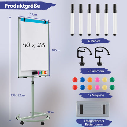 Adjustable Magnetic Whiteboard with Wheels and Accessories
