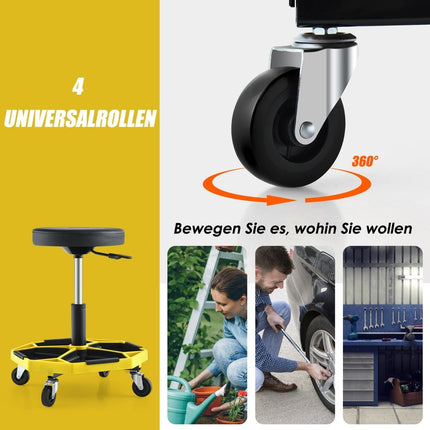 Nastavitelná dílenská stolička s odkládacím platem, nosnost 150kg, žlutá