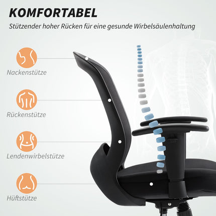Verstellbarer Bürostuhl aus Netzstoff mit Rollen, Schwarz