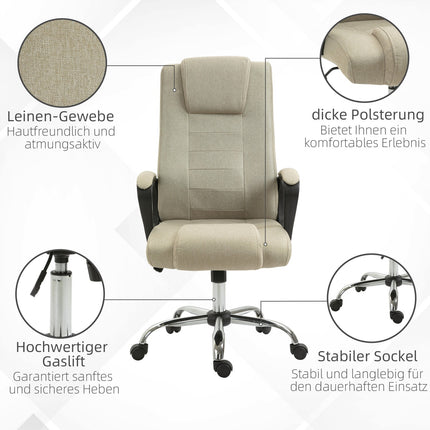 Verstellbarer Bürostuhl, Leinen-Optik, Beige, Drehbar, 5 Rollen