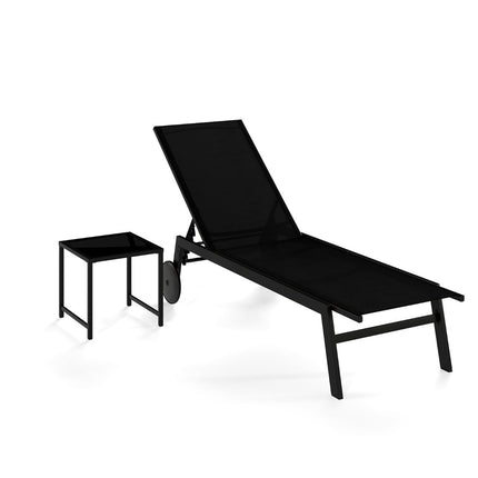 Adjustable Outdoor Lounge Chair with Table, Black Fabric