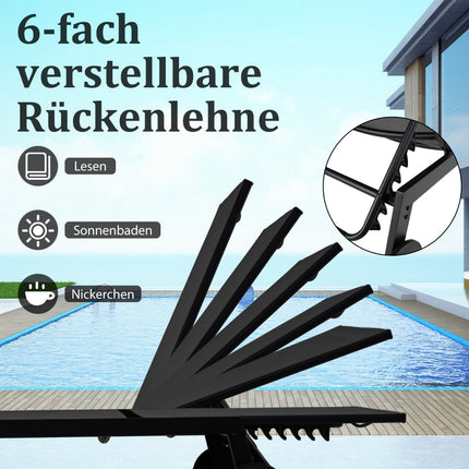 Adjustable Outdoor Lounge Chair with Table, Black Fabric