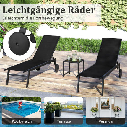Adjustable Outdoor Lounge Chair with Table, Black Fabric