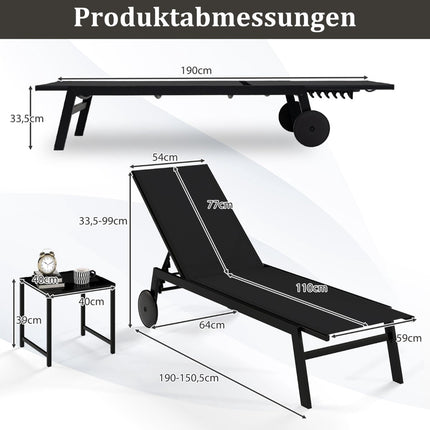 Adjustable Outdoor Lounge Chair with Table, Black Fabric