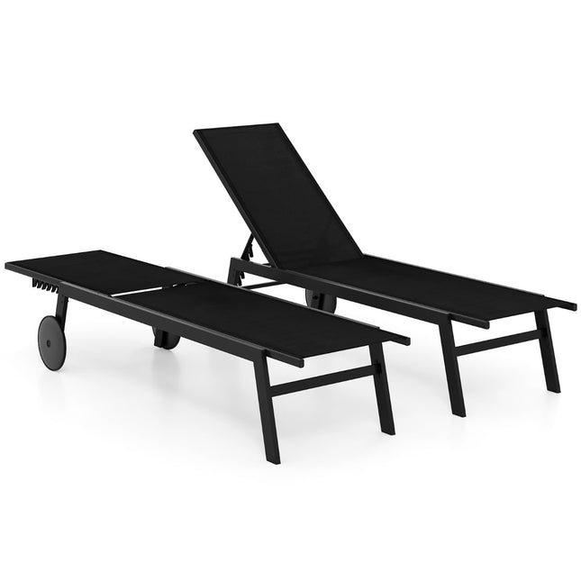 Verstellbares Sonnenliegen-Set für draußen mit Rollen, Schwarz