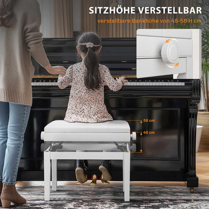 Verstellbare Klavierbank mit Stauraum, Kunstleder, Weiß