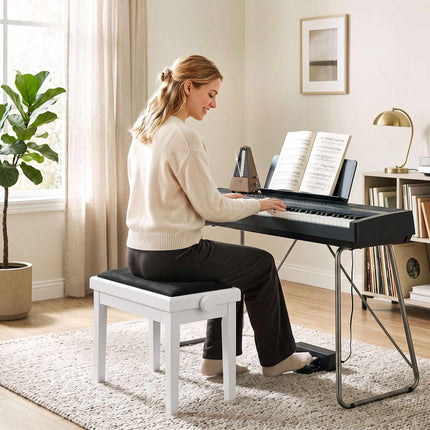 Adjustable Piano Bench with Velvet Cushion, White Rubberwood
