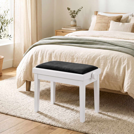 Adjustable Piano Bench with Velvet Cushion, White Rubberwood