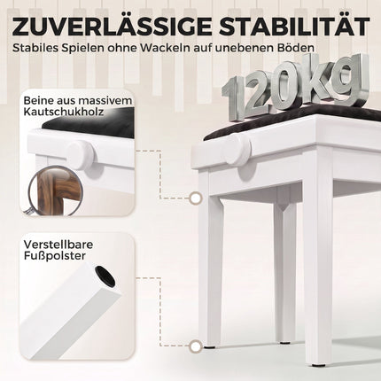Adjustable Piano Bench with Velvet Cushion, White Rubberwood