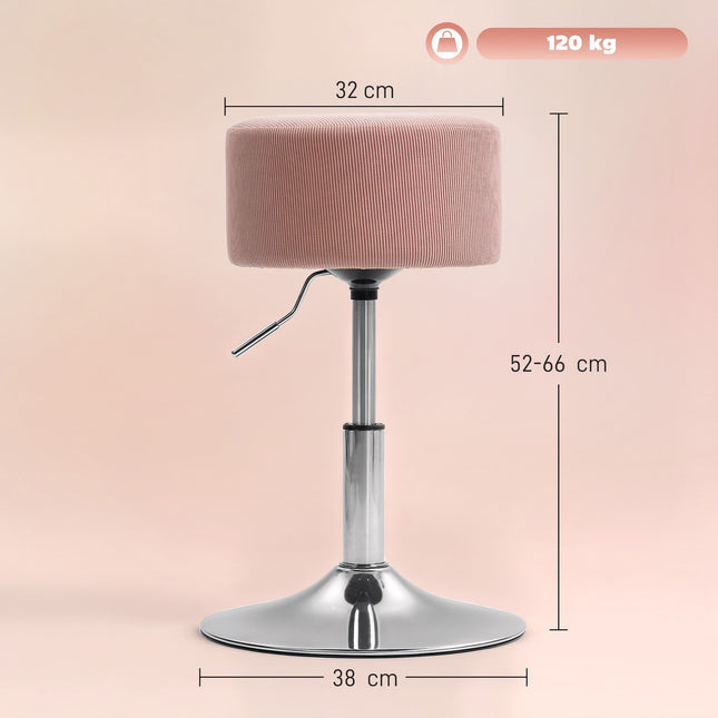 Verstelbare roze corduroy barkruk, 360° draaibaar, metalen onderstel