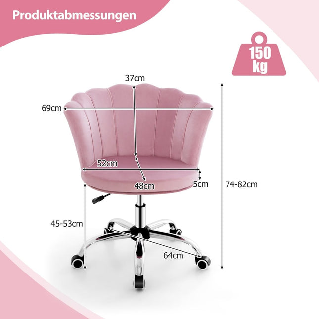 Nastavitelná růžová sametová kancelářská židle na kolečkách, ergonomický design