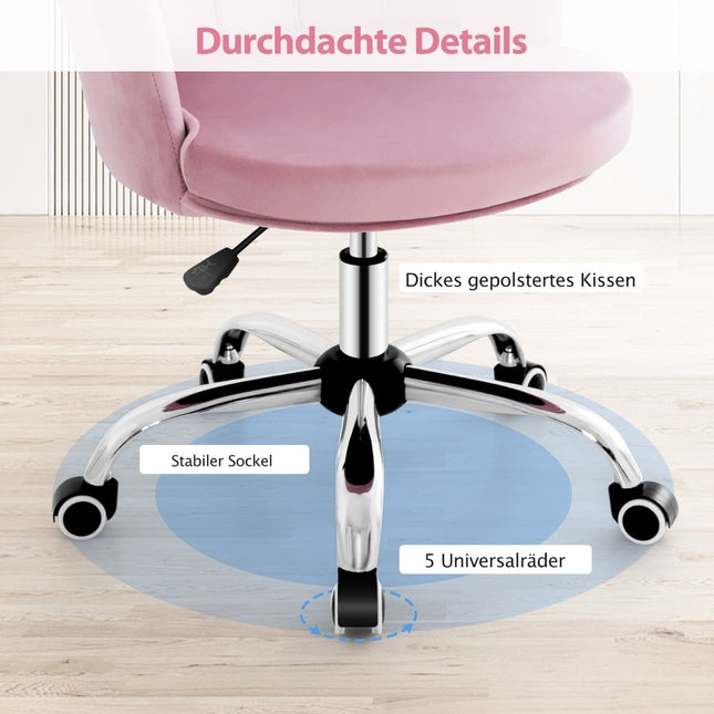 Nastavitelná růžová sametová kancelářská židle na kolečkách, ergonomický design