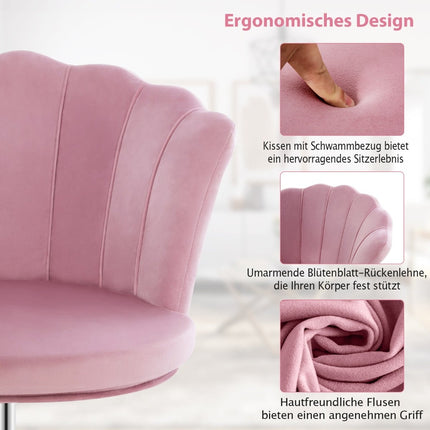 Nastavitelná růžová sametová kancelářská židle na kolečkách, ergonomický design