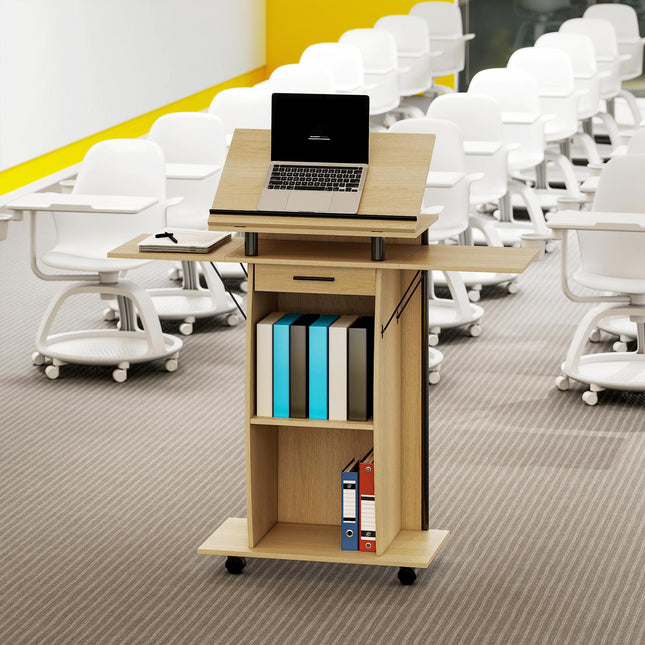 Adjustable Podium Stand with Shelves and Drawer, Oak Finish