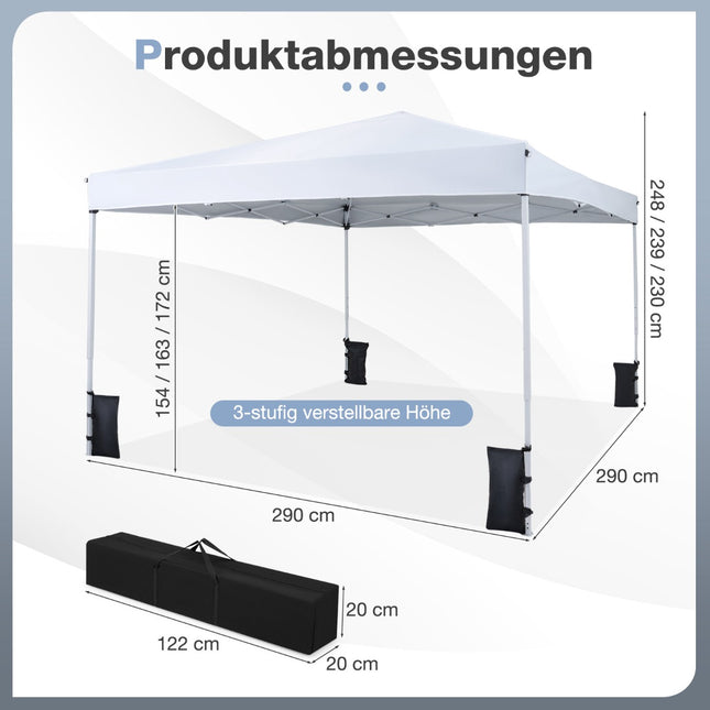 Verstellbarer Pop-Up Pavillon 290x290 cm, Weiß, mit Zubehör