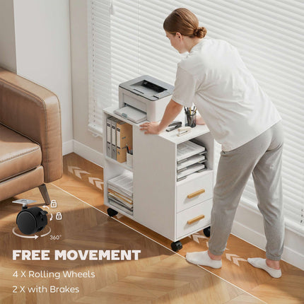 Adjustable Printer Stand with Shelves, Wheels, White 60x30x65 cm