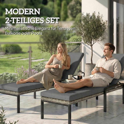 Verstellbare Rattan-Sonnenliegen-Garnitur mit Kissen, Grau