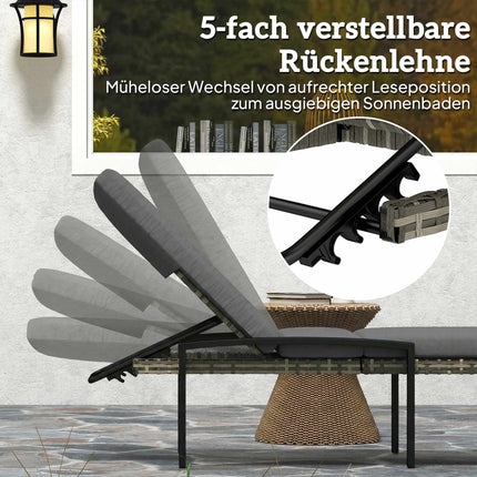 Verstellbare Rattan-Sonnenliegen-Garnitur mit Kissen, Grau