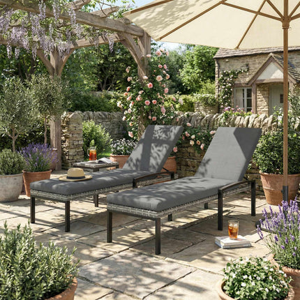 Verstellbare Rattan-Sonnenliegen-Garnitur mit Kissen, Grau
