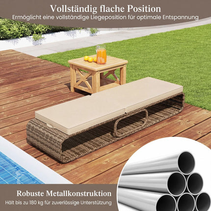 Verstellbare Sonnenliege aus Rattan mit Kissen, Khaki