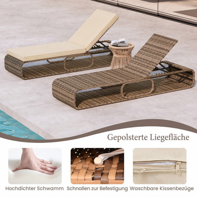 Verstellbare Sonnenliege aus Rattan mit Kissen, Khaki