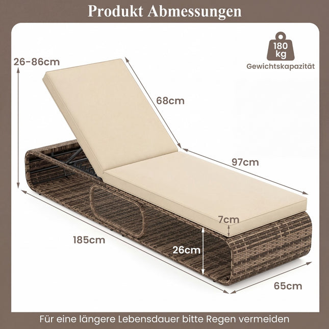 Verstellbare Sonnenliege aus Rattan mit Kissen, Khaki