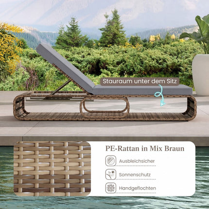 Verstellbare Rattan Sonnenliege mit Kissen, wetterfest