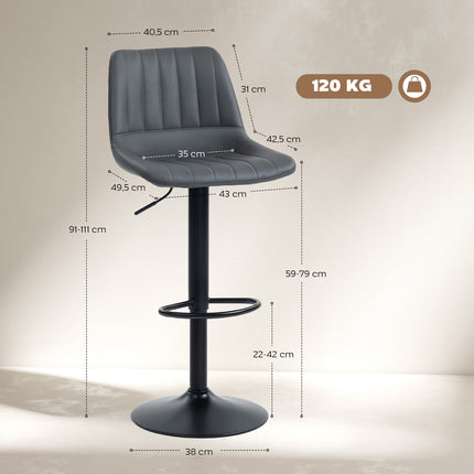 Adjustable Retro Bar Stools, Set of 2, Faux Leather, Dark Grey