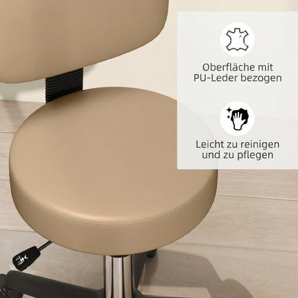 Adjustable Rolling Stool With Backrest, 360 Swivel, Tan
