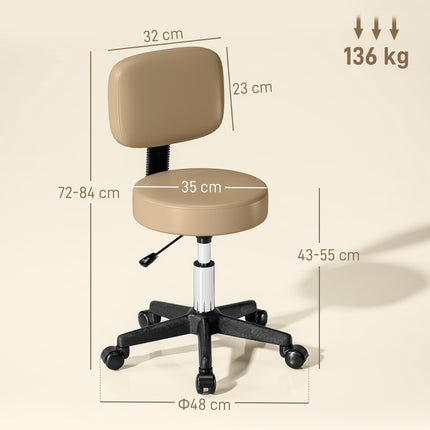 Adjustable Rolling Stool With Backrest, 360 Swivel, Tan