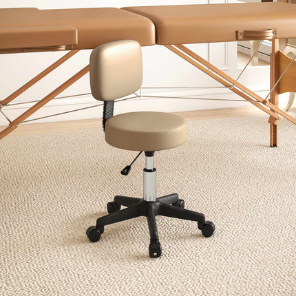 Adjustable Rolling Stool With Backrest, 360 Swivel, Tan