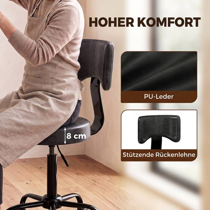 Adjustable Salon Stool with Wheels, Black PU Leather